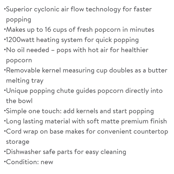 💕 New Beautiful White Icing 16 Cup Hot Air Electric Popcorn Maker - Picture 9 of 11